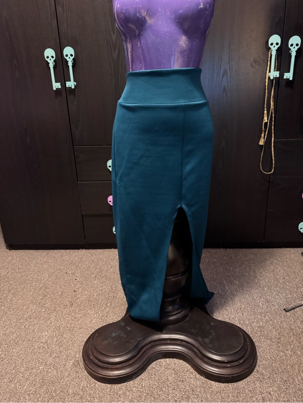 Revamped Teal Pencil Midi Skirt with Front Slit